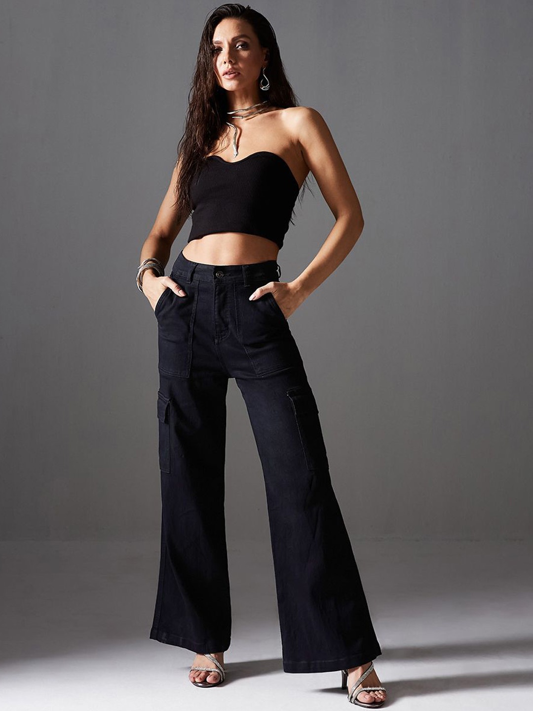 

Miss Chase Women Wide Leg High-Rise Stretchable Cargo Jeans, Black