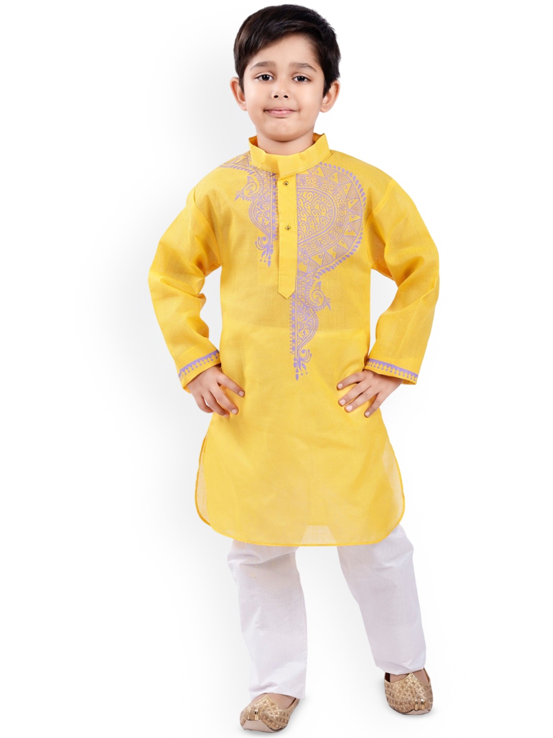 

BAESD Boys Ethnic Motifs Printed Mandarin Collar Straight Kurta With Trouser, Yellow