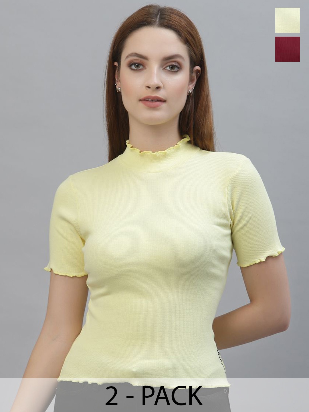 

Friskers Women Pack Of 2 High Neck Cotton Fitted Crop Top, Yellow