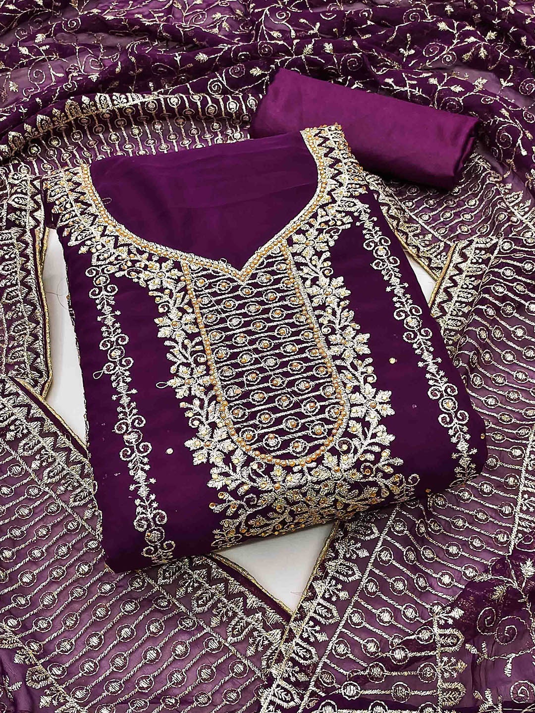 

KALINI Embroidered Unstitched Dress Material, Purple