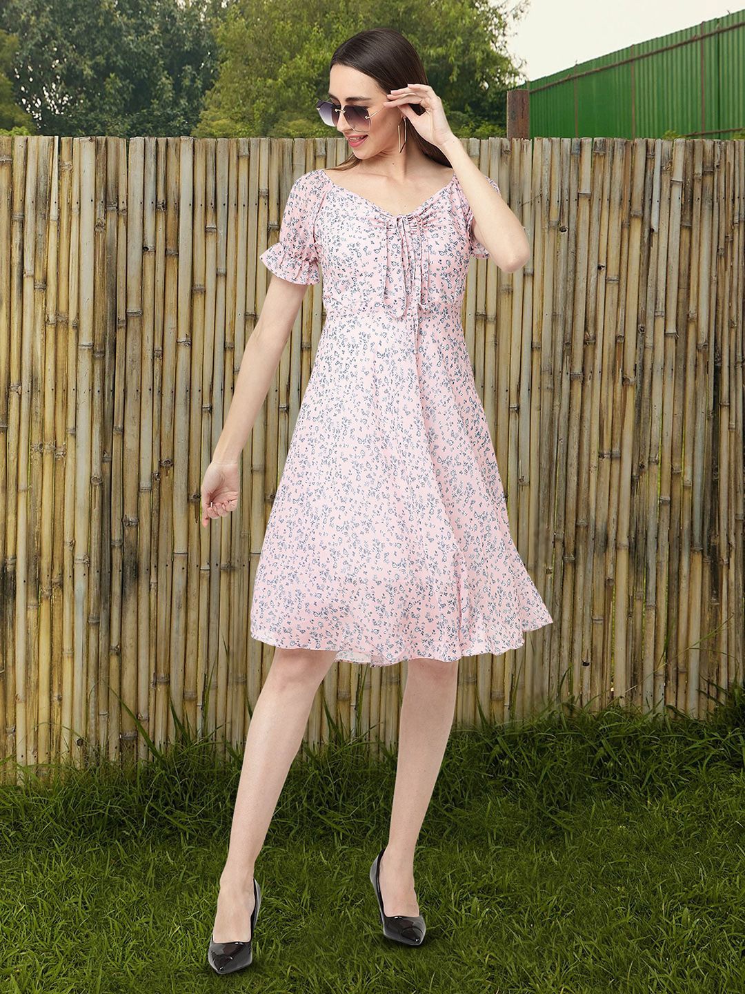 

Moda Rapido Floral Print Tie-Up Neck Applique Fit & Flare Dress, Pink