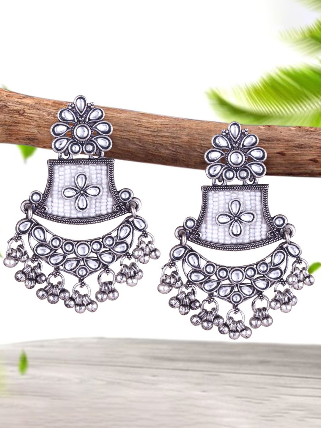 

MEENAZ Silver-Plated Oxidised Stone Studded & Beaded Contemporary Shaped Drop Earrings