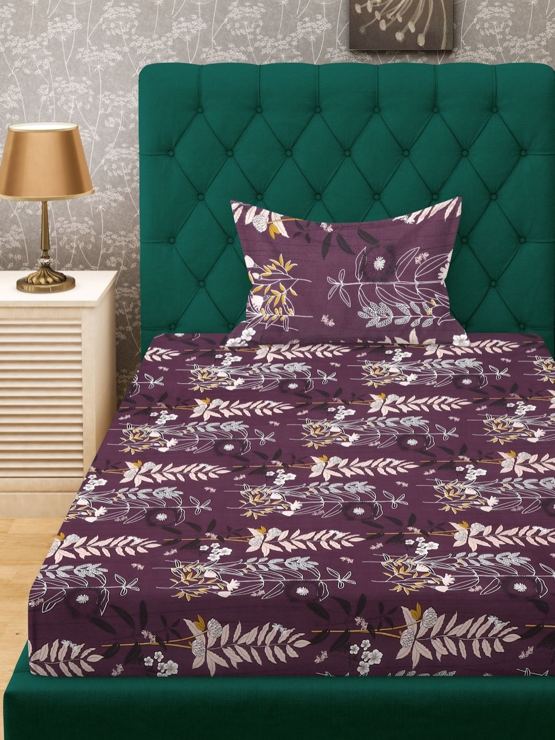 

KLOTTHE Purple Floral Printed Fitted 300 TC Single Bedsheet With Pillow Cover