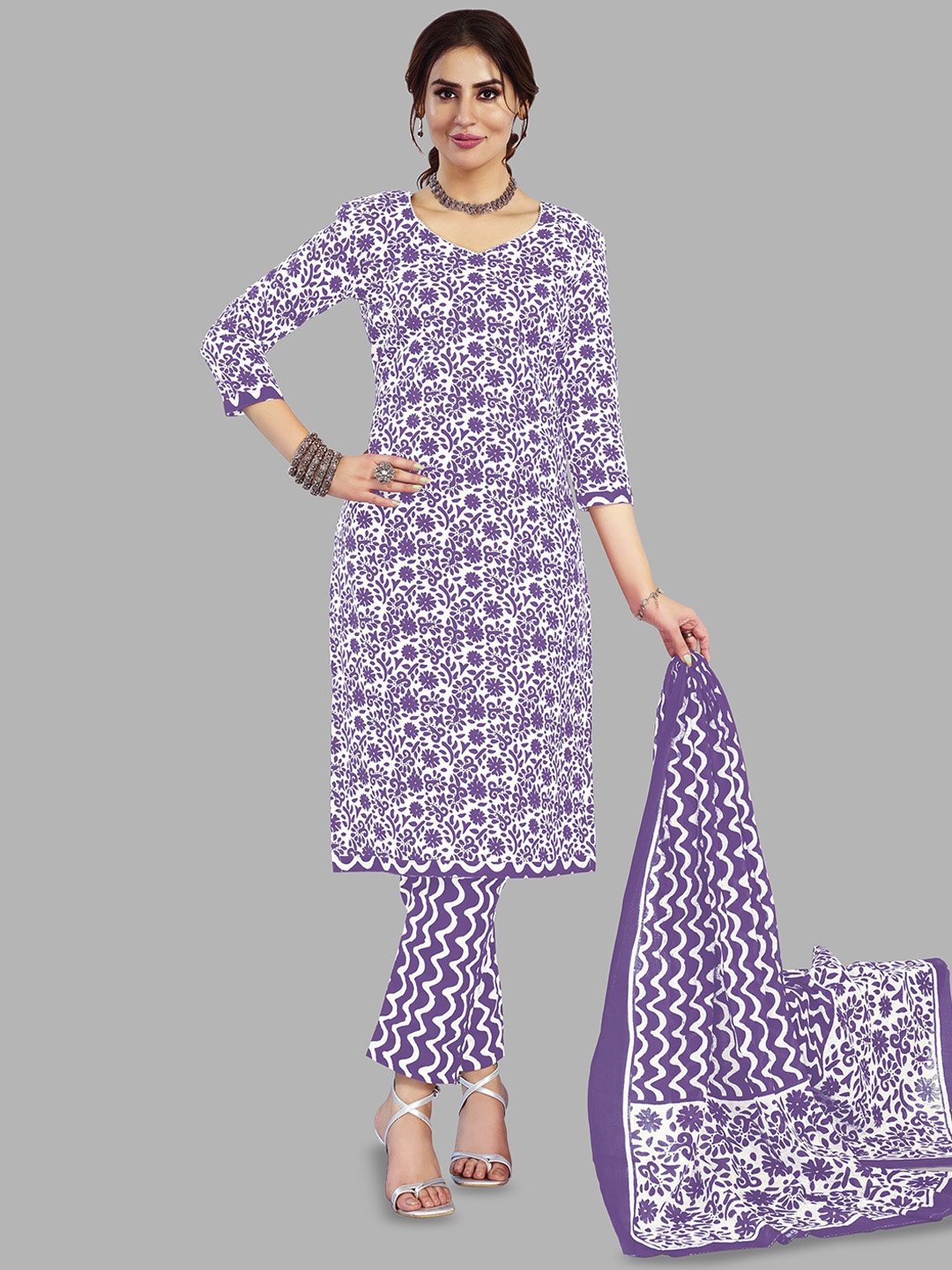 

shree jeenmata collection Women Floral Printed Regular Pure Cotton Kurta with Churidar & With Dupatta, White