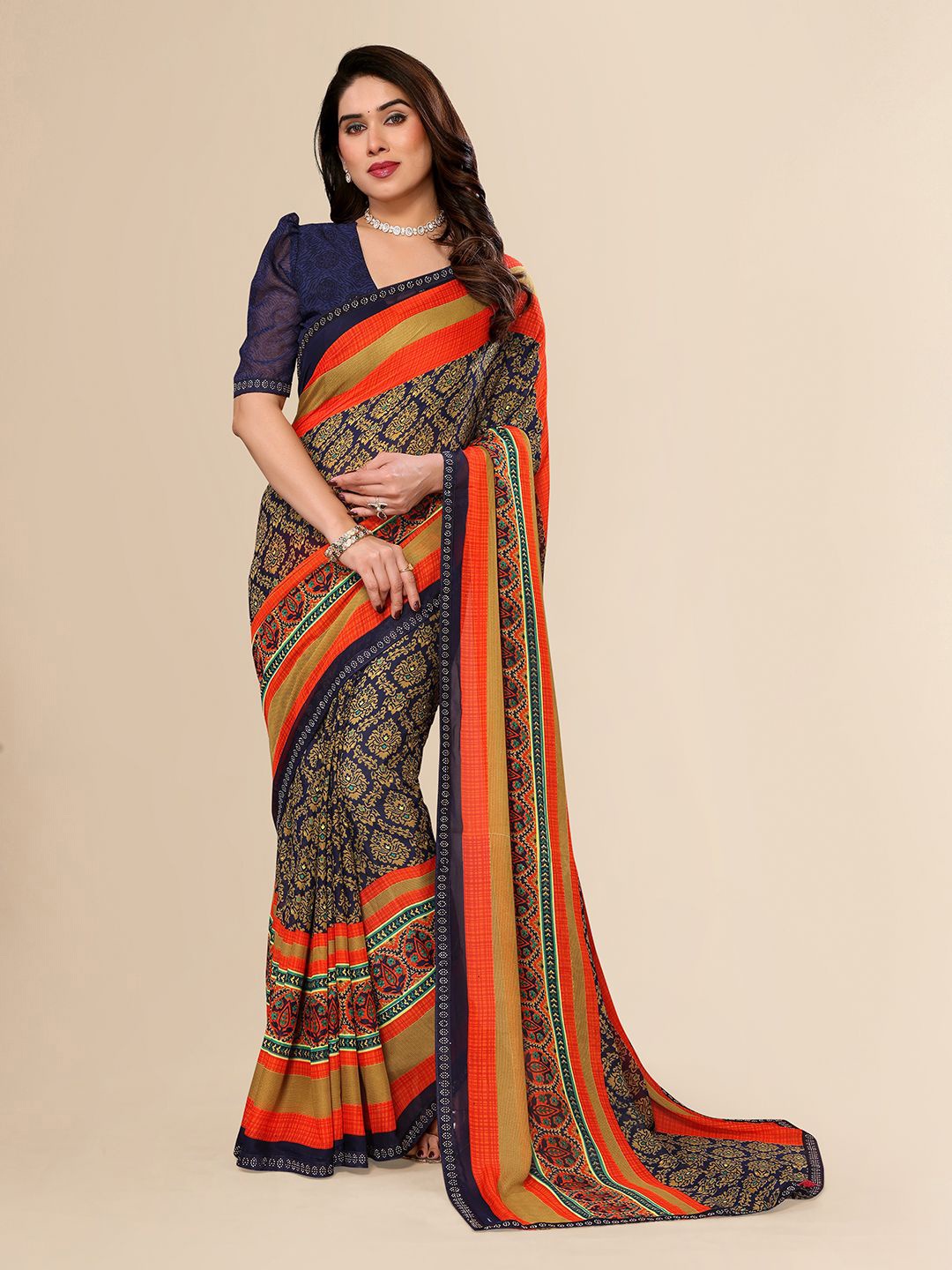 

Moda Rapido Floral Printed Beads and Stones Saree With An Unstitched Blouse Piece, Blue