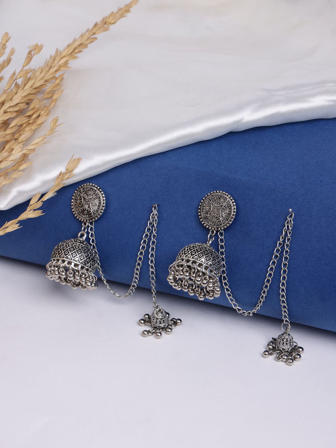 

PANASH Silver-Plated Dome Shaped Oxidised Traditional Chain Jhumkas