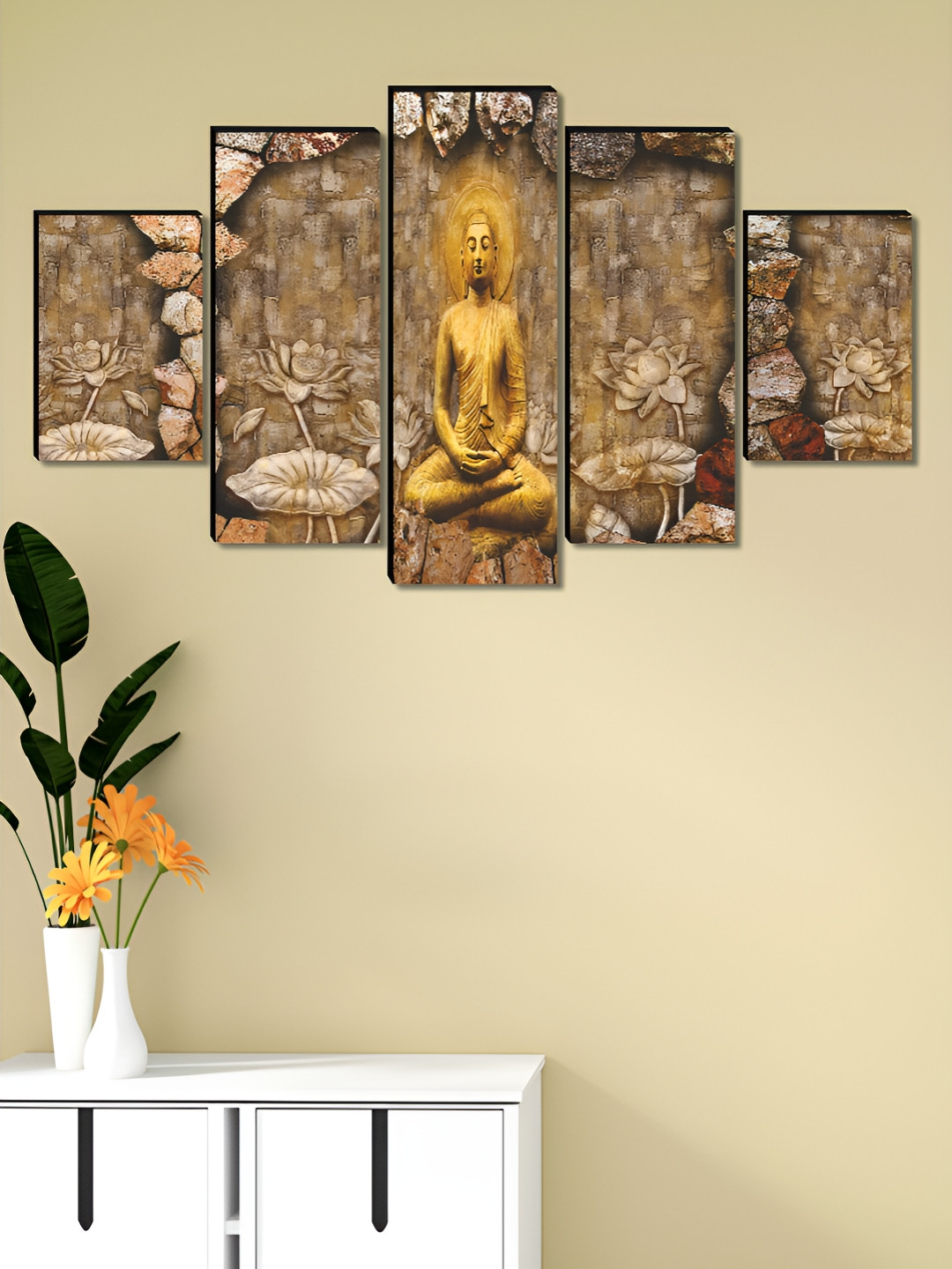 

Aura Beige & Grey 5 Pieces Wooden Buddha Religious Wall Art