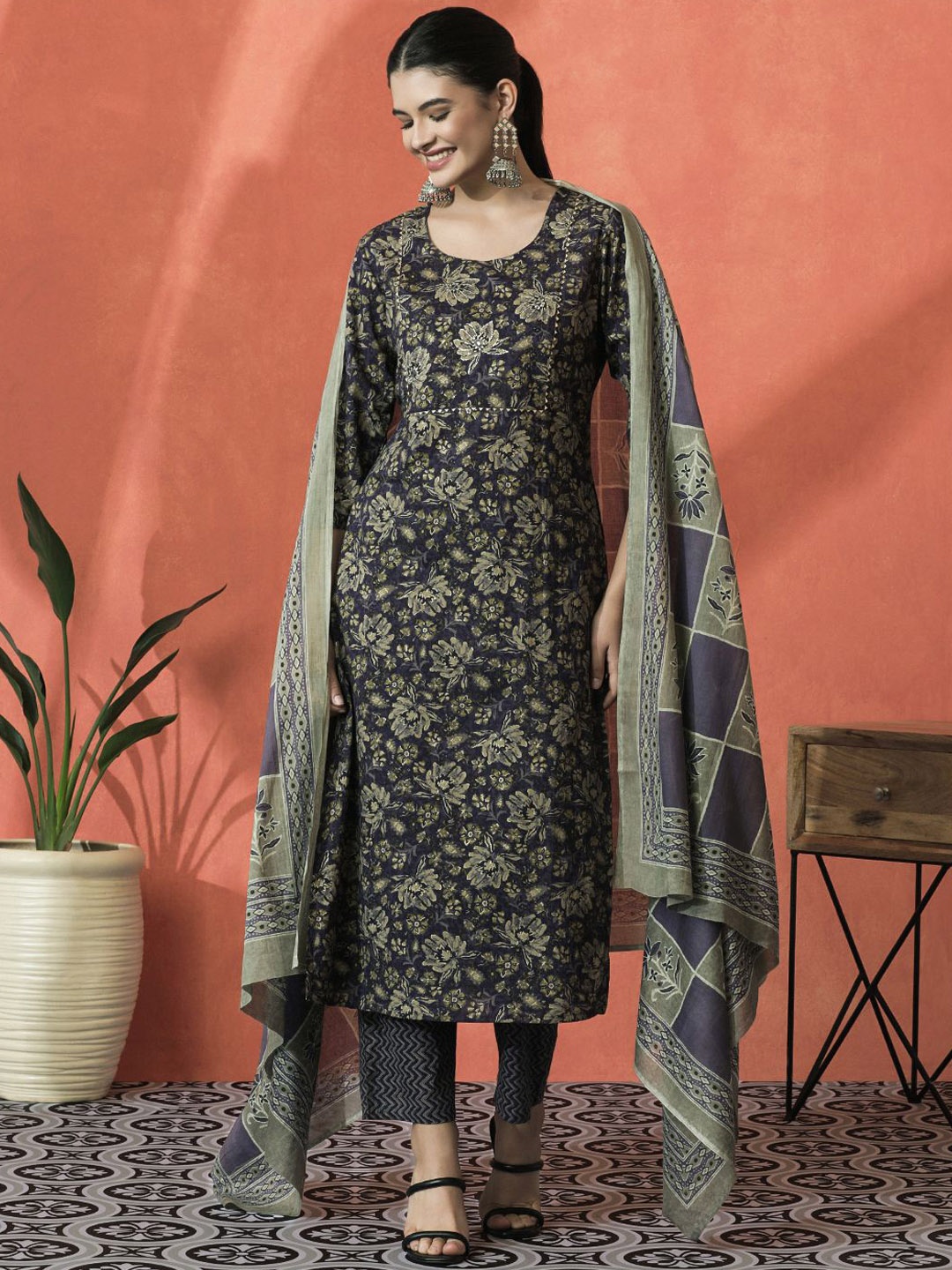 

Sangria Floral Printed Gotta Patti Pure Cotton Straight Kurta With Trouser And Dupatta, Purple