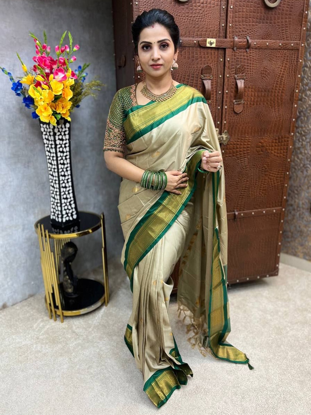 

yourwish Woven Design Zari Silk Cotton Designer Mysore Silk Saree, Beige
