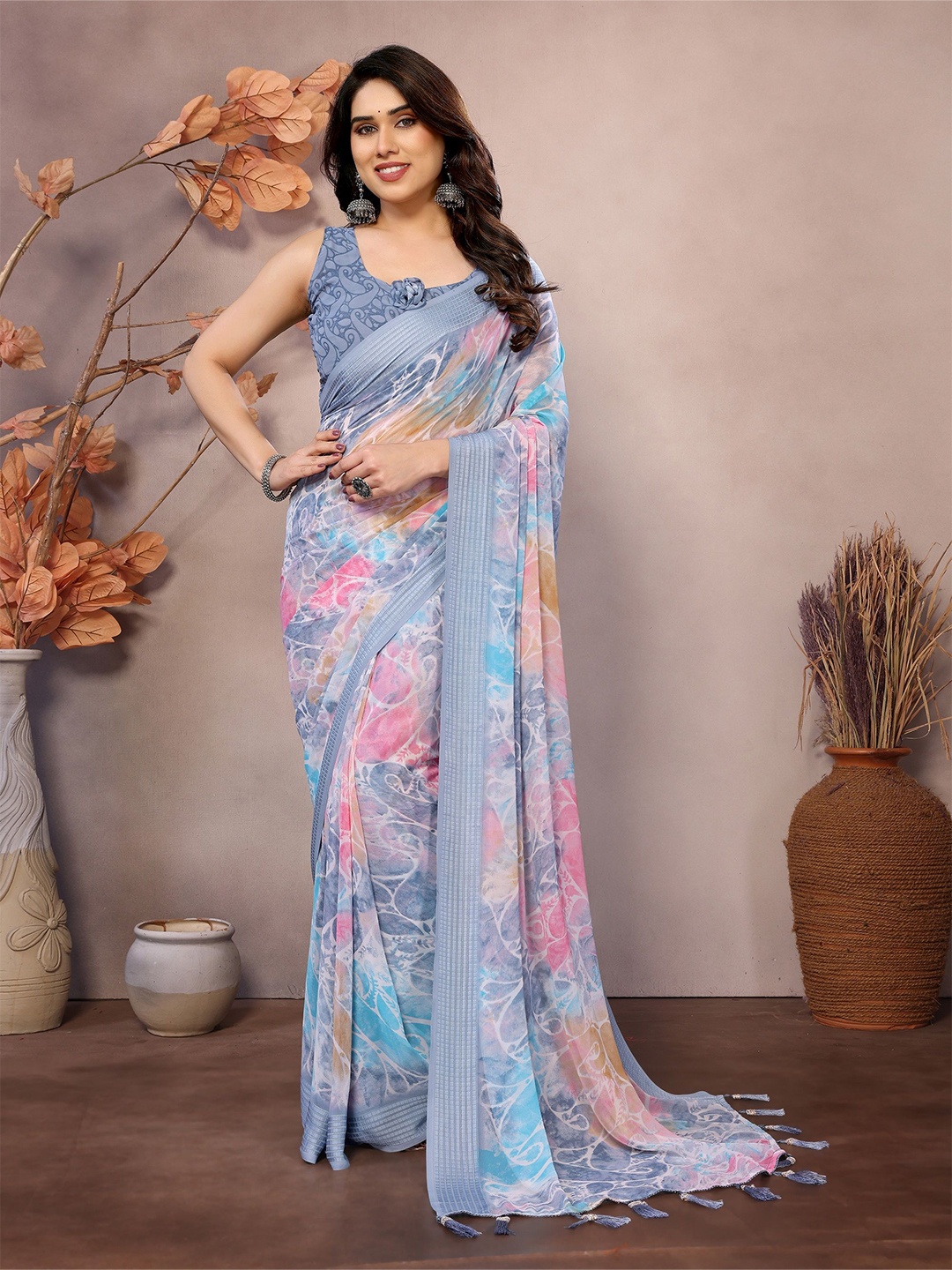 

Moda Rapido Paisley Poly Georgette Saree, Blue