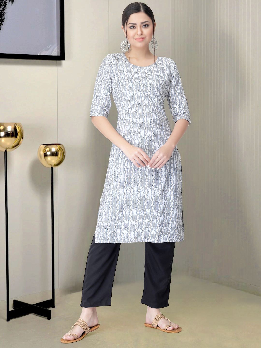 

Moda Rapido Geometric Printed Round Neck Straight Kurta With Trouser, White
