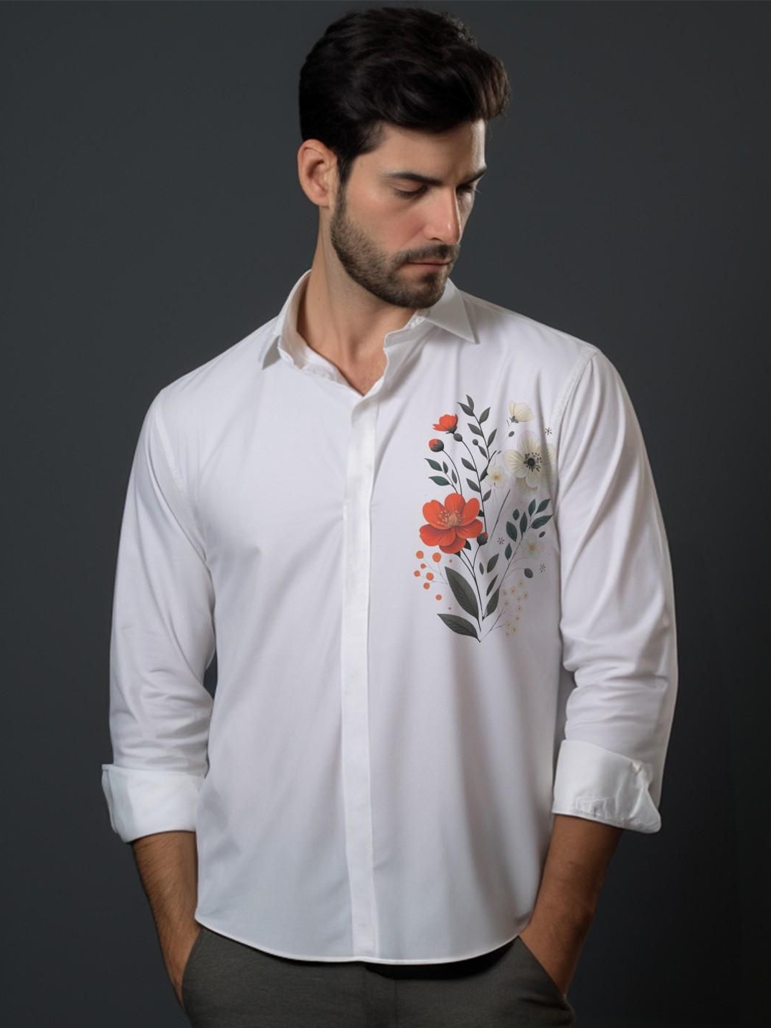 

HE SPOKE Men Smart Tailored Fit Floral Opaque Casual Shirt, White