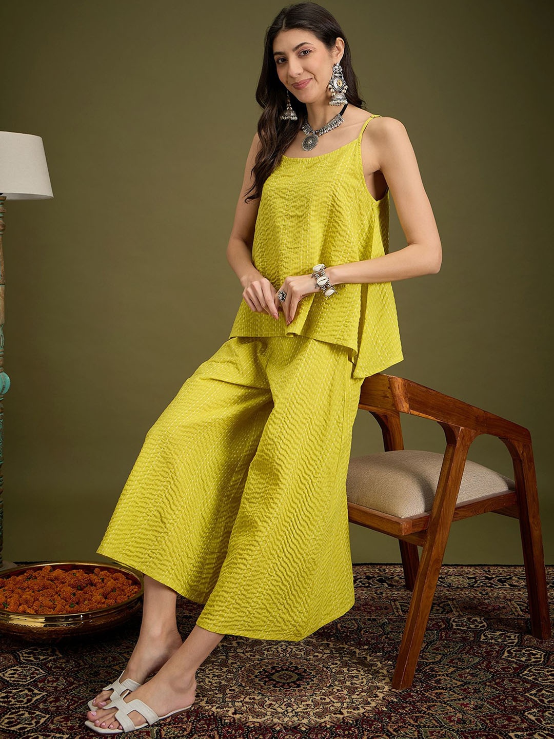 

Sangria Striped Pure Cotton Sleeveless Top And Palazzos, Yellow