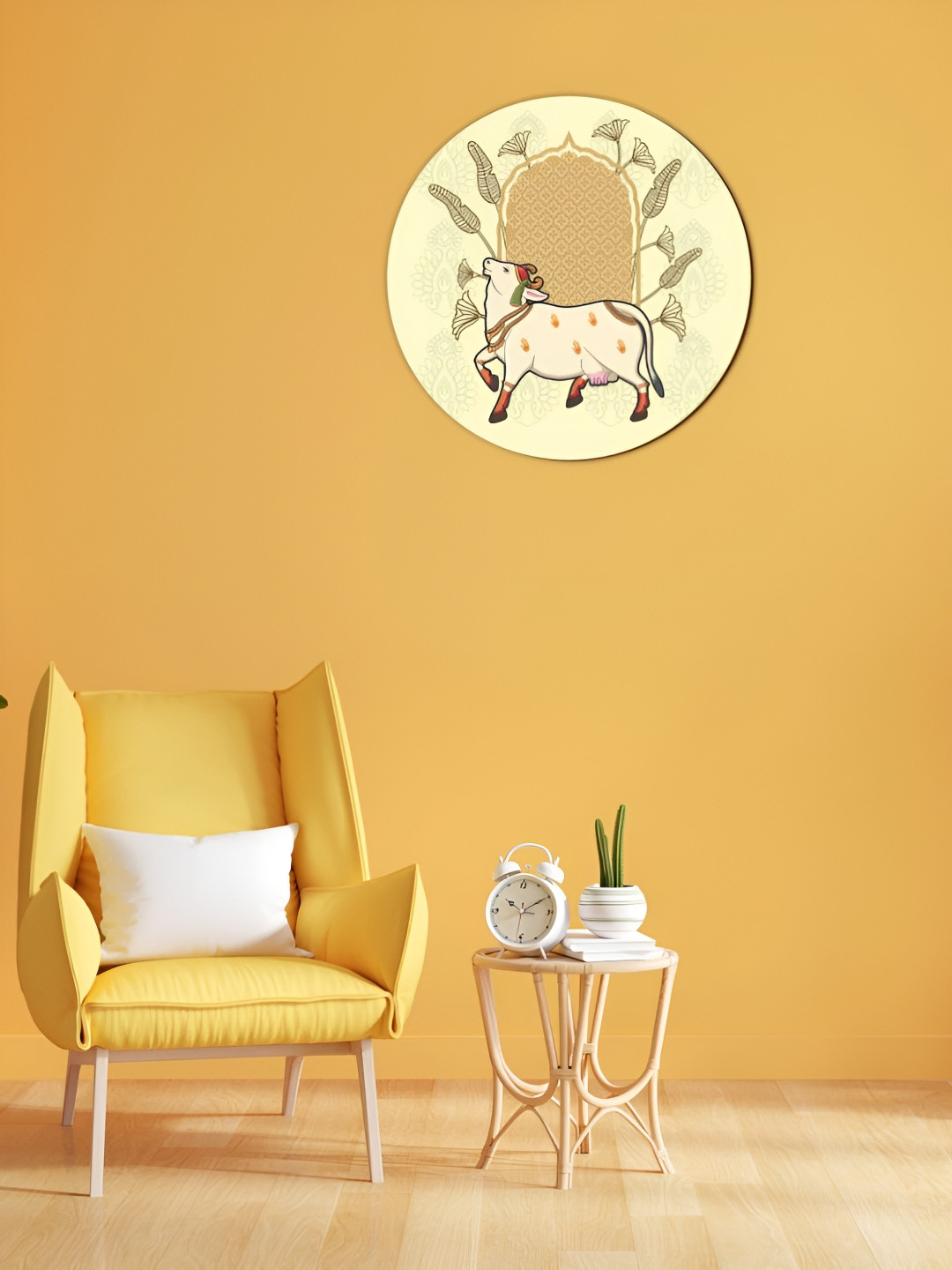 

CVANU Yellow & White Pichwai Cow Wooden Art Round Shape Wall Hanging