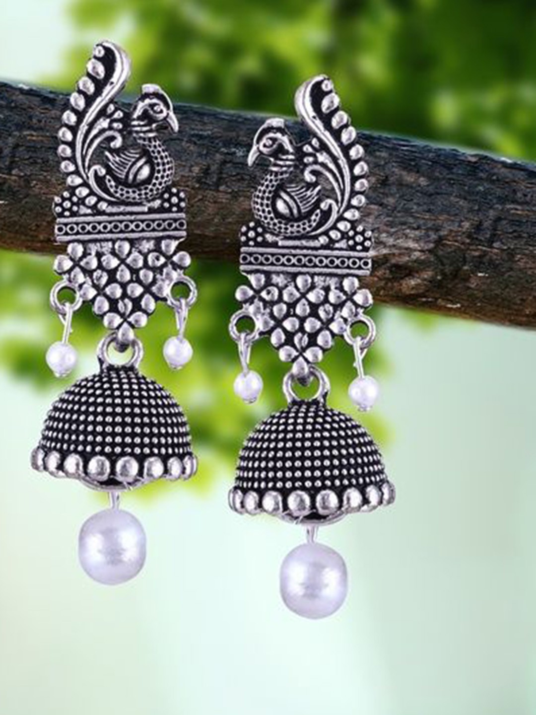 

DIVASTRI Set Of 5 Silver-Plated Peacock Shaped Oxidised Jhumkas