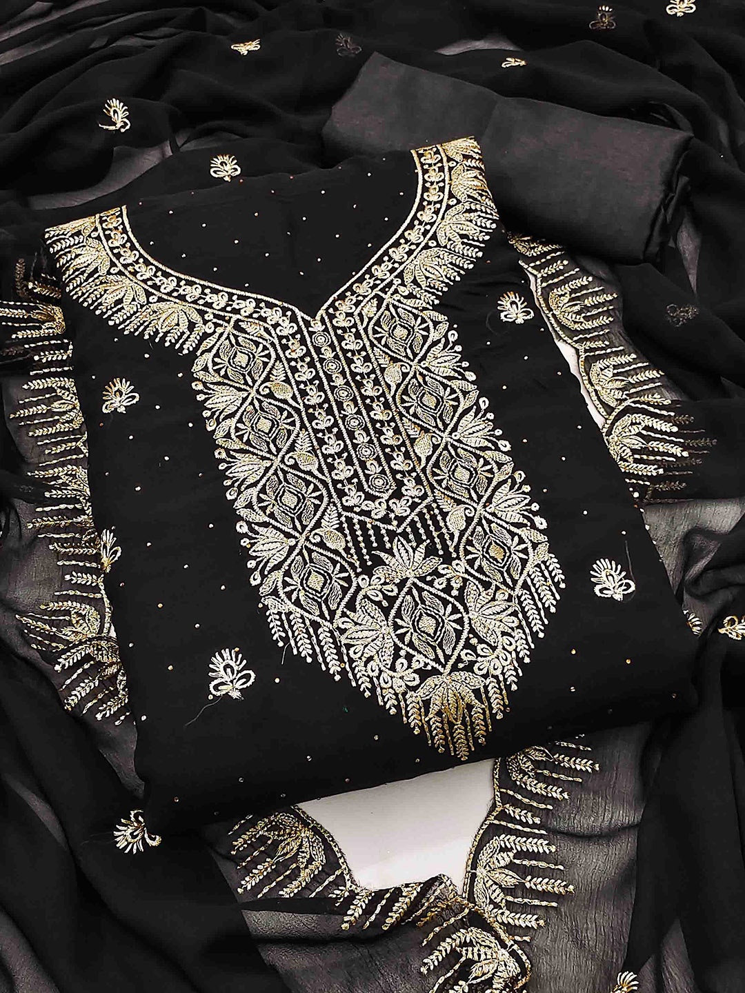 

KALINI Embroidered Unstitched Dress Material, Black