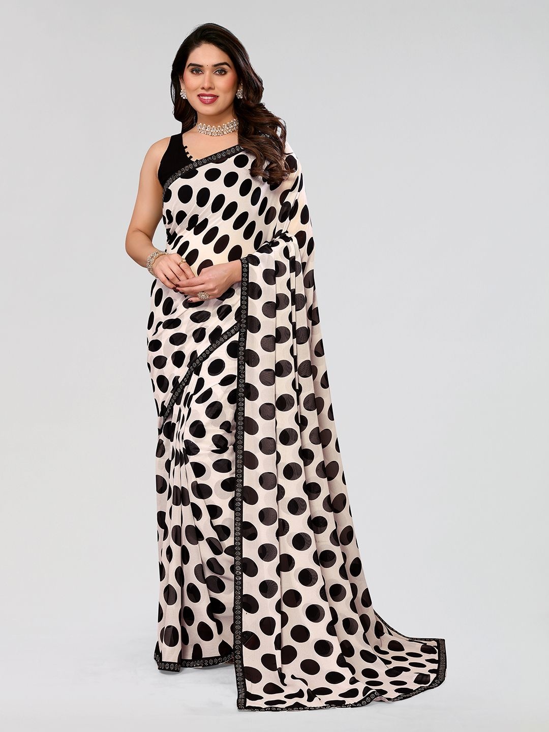 

Moda Rapido Polka Dot Printed Lace Border Saree, White