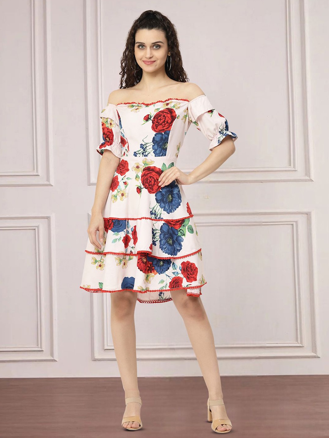 

Moda Rapido Floral Print Off-Shoulder Applique Fit & Flare Dress, White