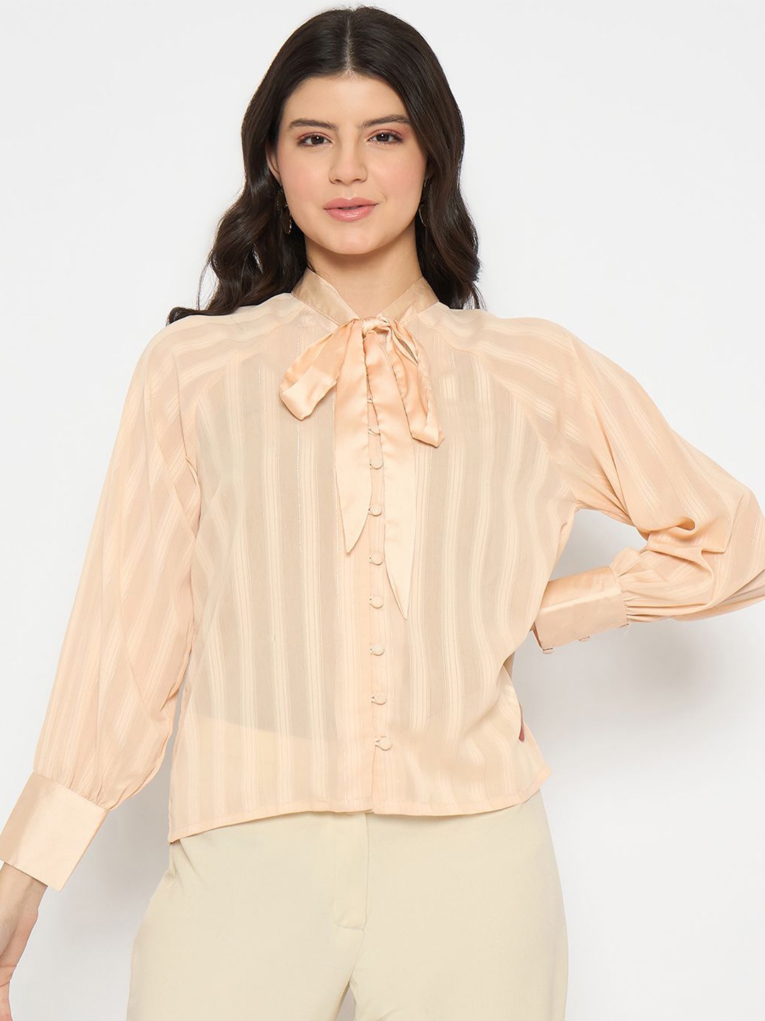 

Madame Striped Tie-Up Neck Shirt Style Top, Orange