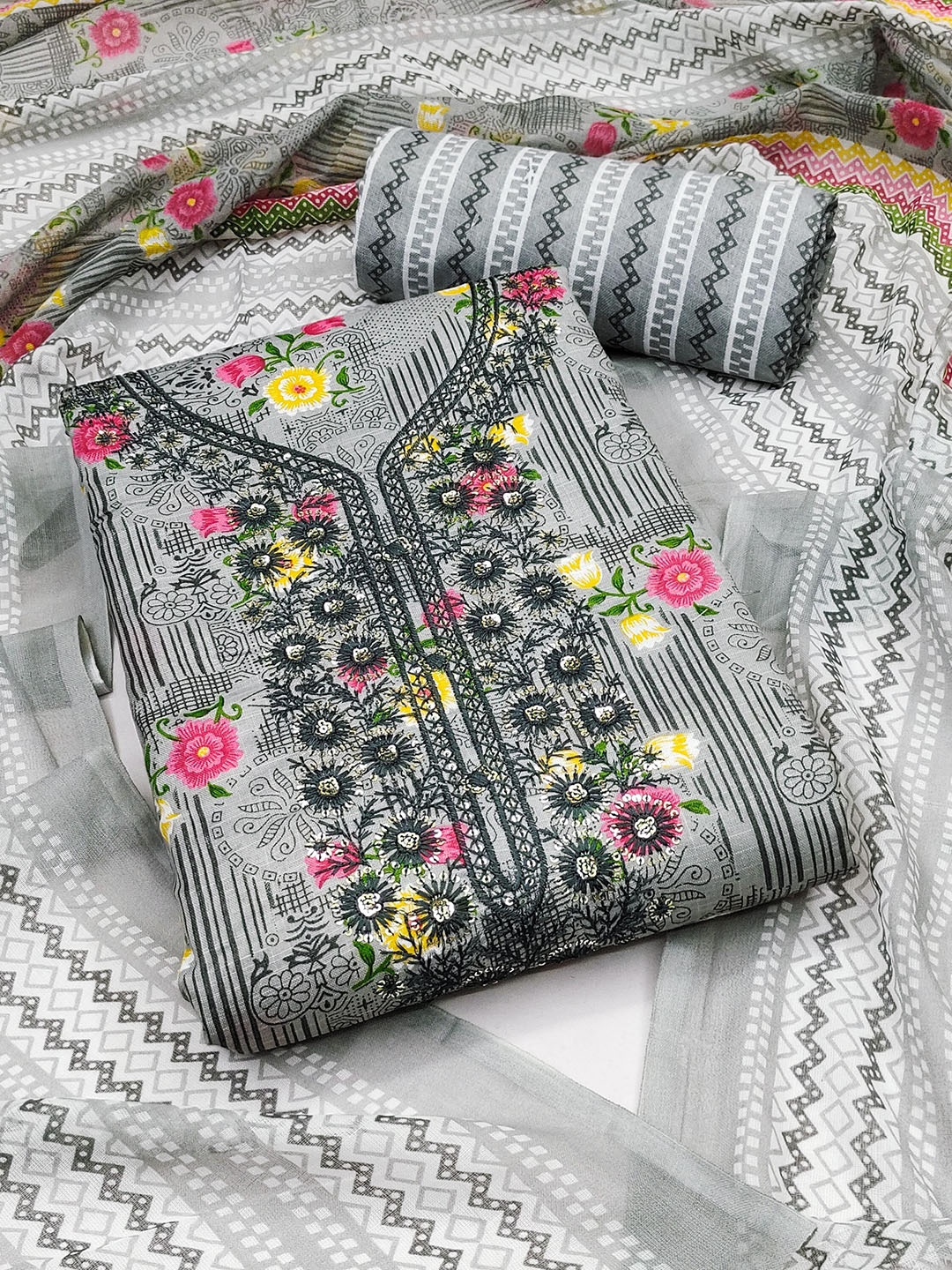 

SAINOOR Floral Printed Thread Work Pure Cotton Unstitched Dress Material, Grey