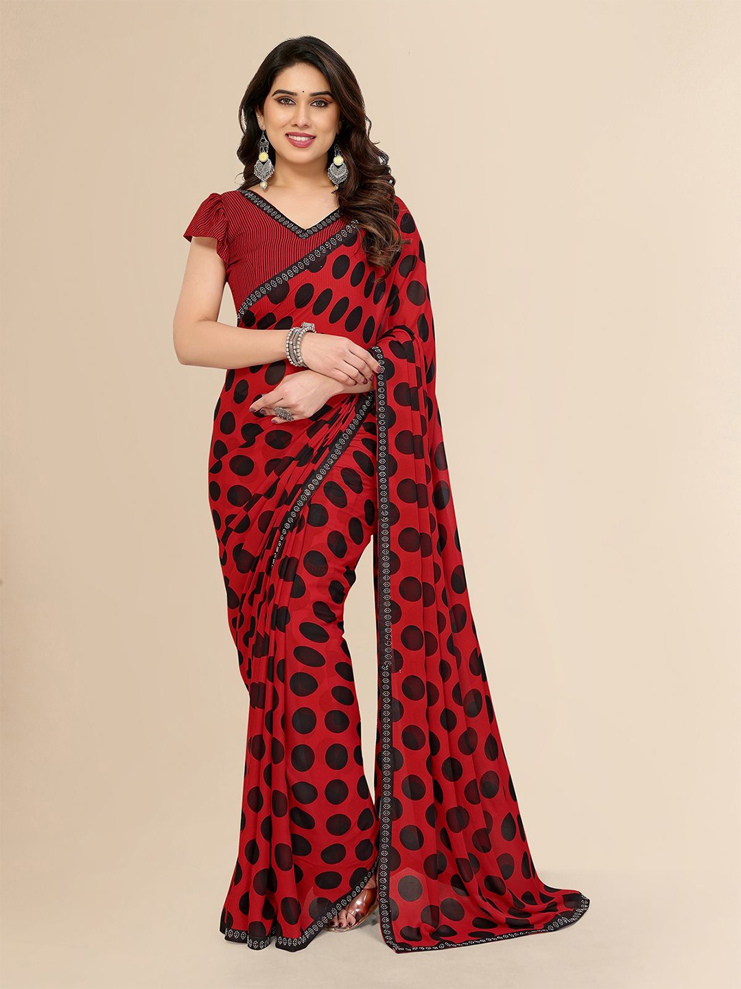 

Moda Rapido Polka Dot Printed Beads and Stones Saree, Red