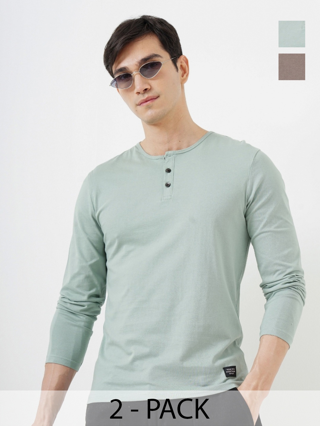 

Genoa Men Pack of 2 Solid Henley Neck Cotton T-shirts, Blue