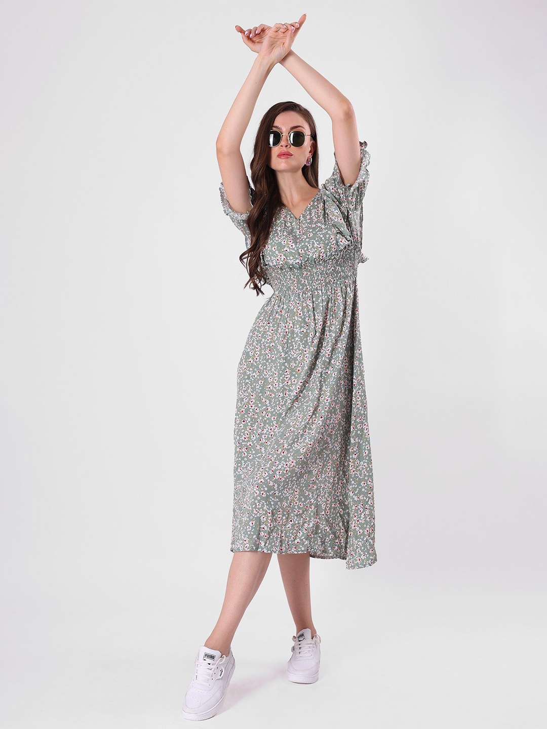 

clobug Floral Print Flutter Sleeve Crepe A-Line Midi Dress, Olive