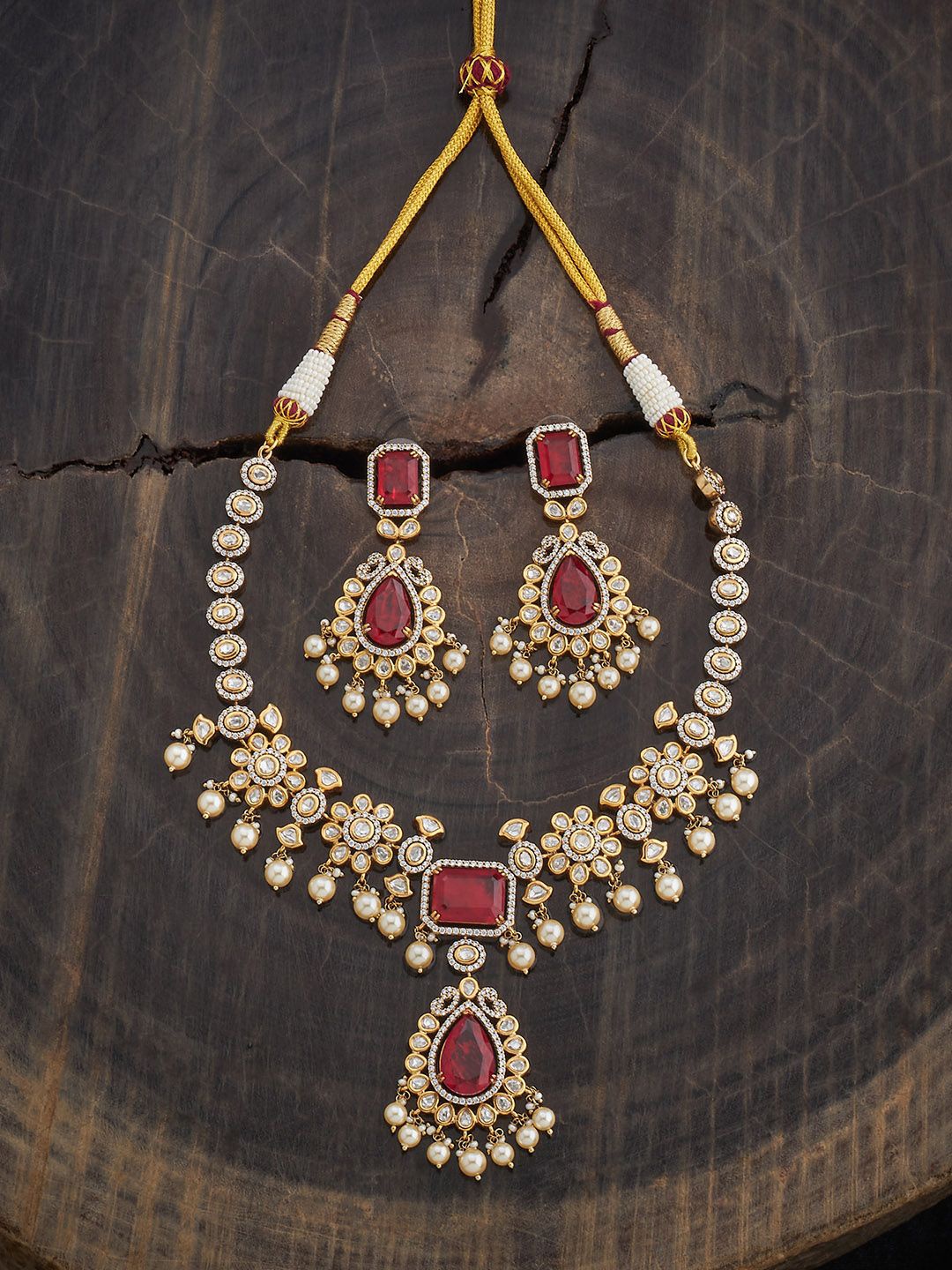 

Kushal's Fashion Jewellery Ruby Victorian-Plated Ethnic Kundan Jewellery Set, Gold