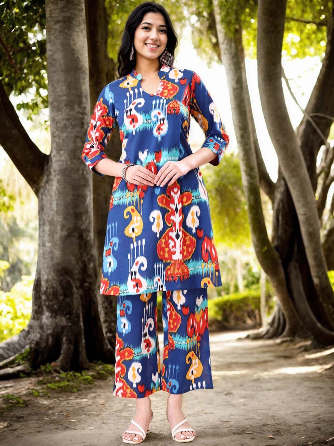 

Anouk Printed Mandarin Collar Pure Cotton Tunic With Palazzo, Blue