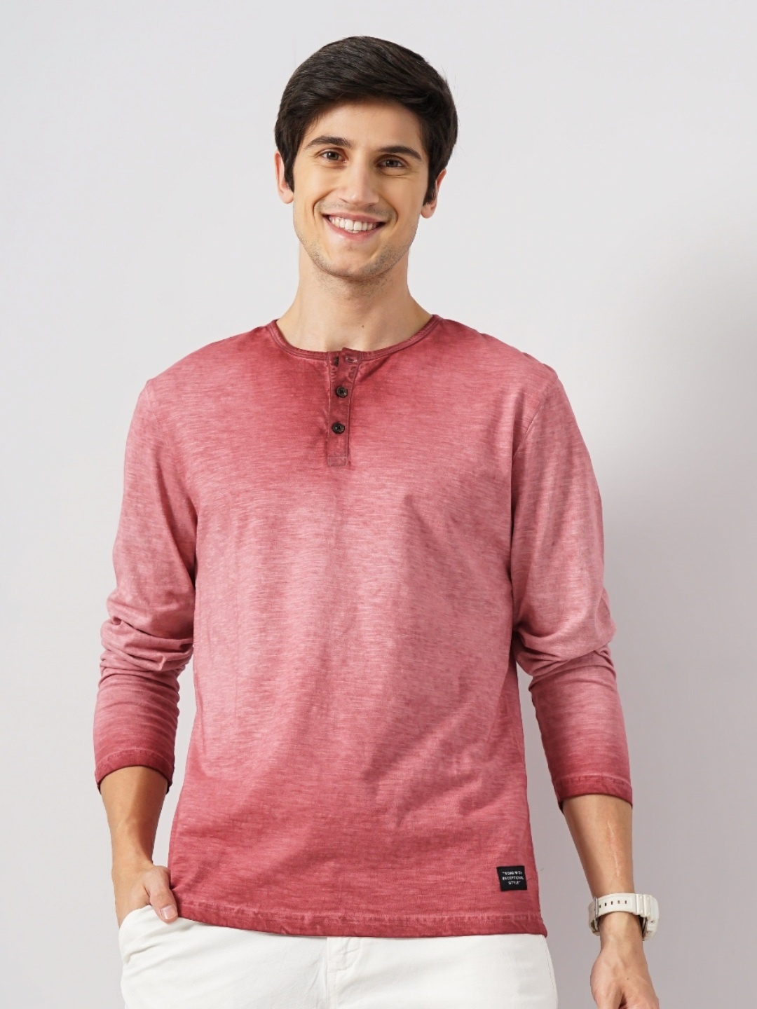 

Genoa Men Tie and Dye Dyed Henley Neck Slim Fit T-shirt, Maroon