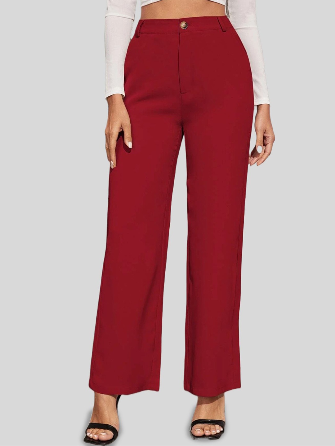 

FNOCKS Women Relaxed Straight Leg Straight Fit High-Rise Trousers, Maroon