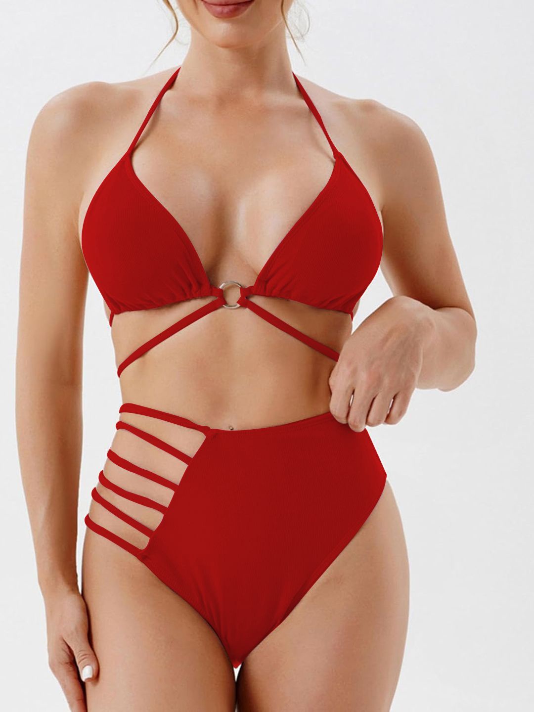 

VAGHBHATT Halter Neck Swim Bikini Set, Red