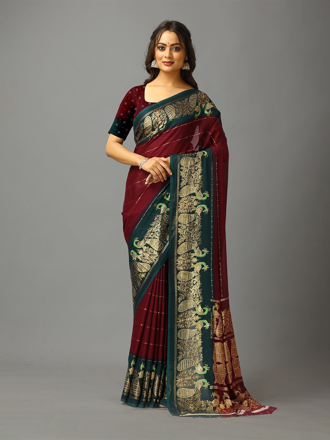 

VIRENDRA TEXTILES Woven Design Zari Pure Crepe Saree, Purple