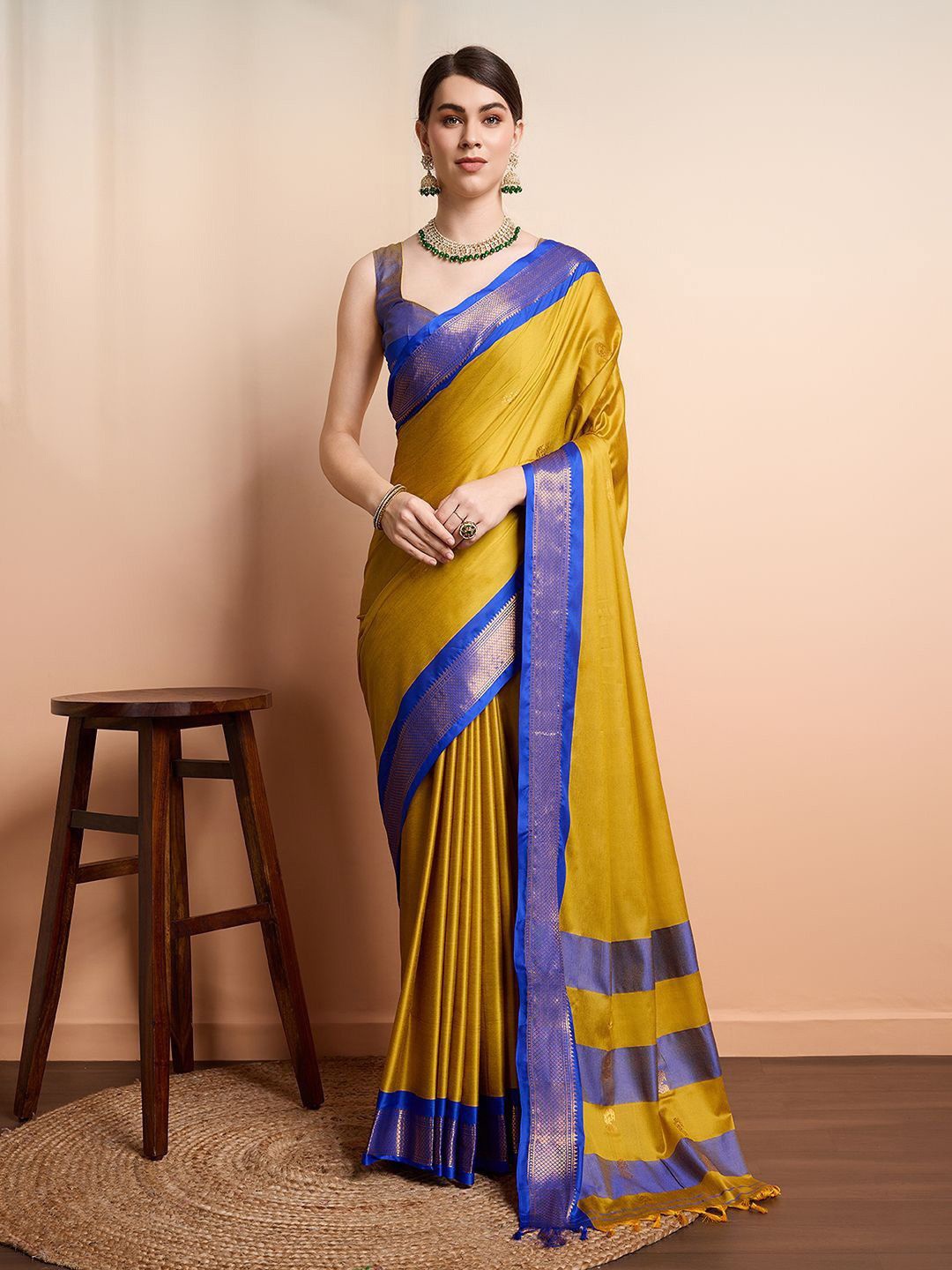 

yourwish Ethnic Motifs Zari Silk Cotton Kanjeevaram Saree, Gold