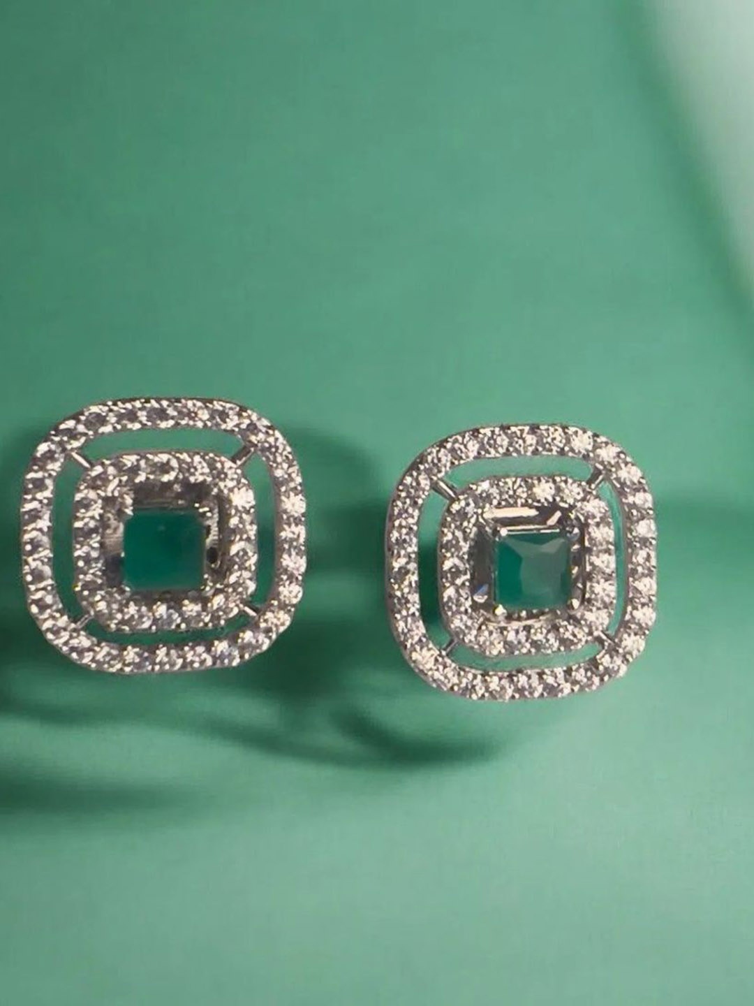 

VOGUE BY RITU Emerald Studded Square Shaped Studs, Silver