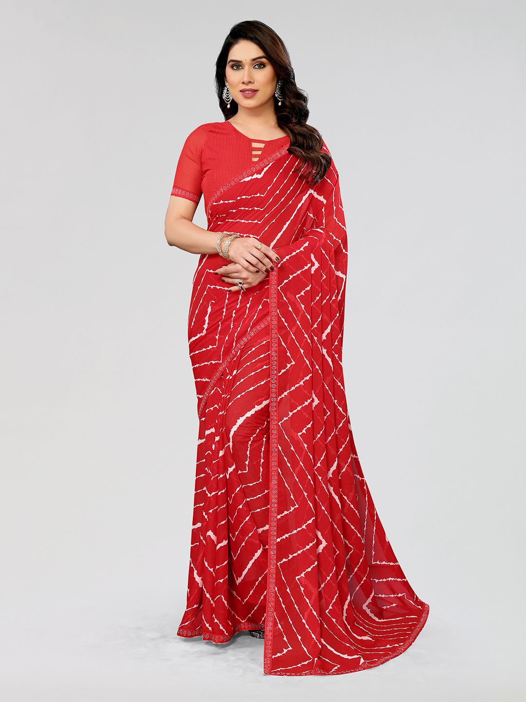 

Moda Rapido Striped Beads and Stones Detailed Border Saree, Red