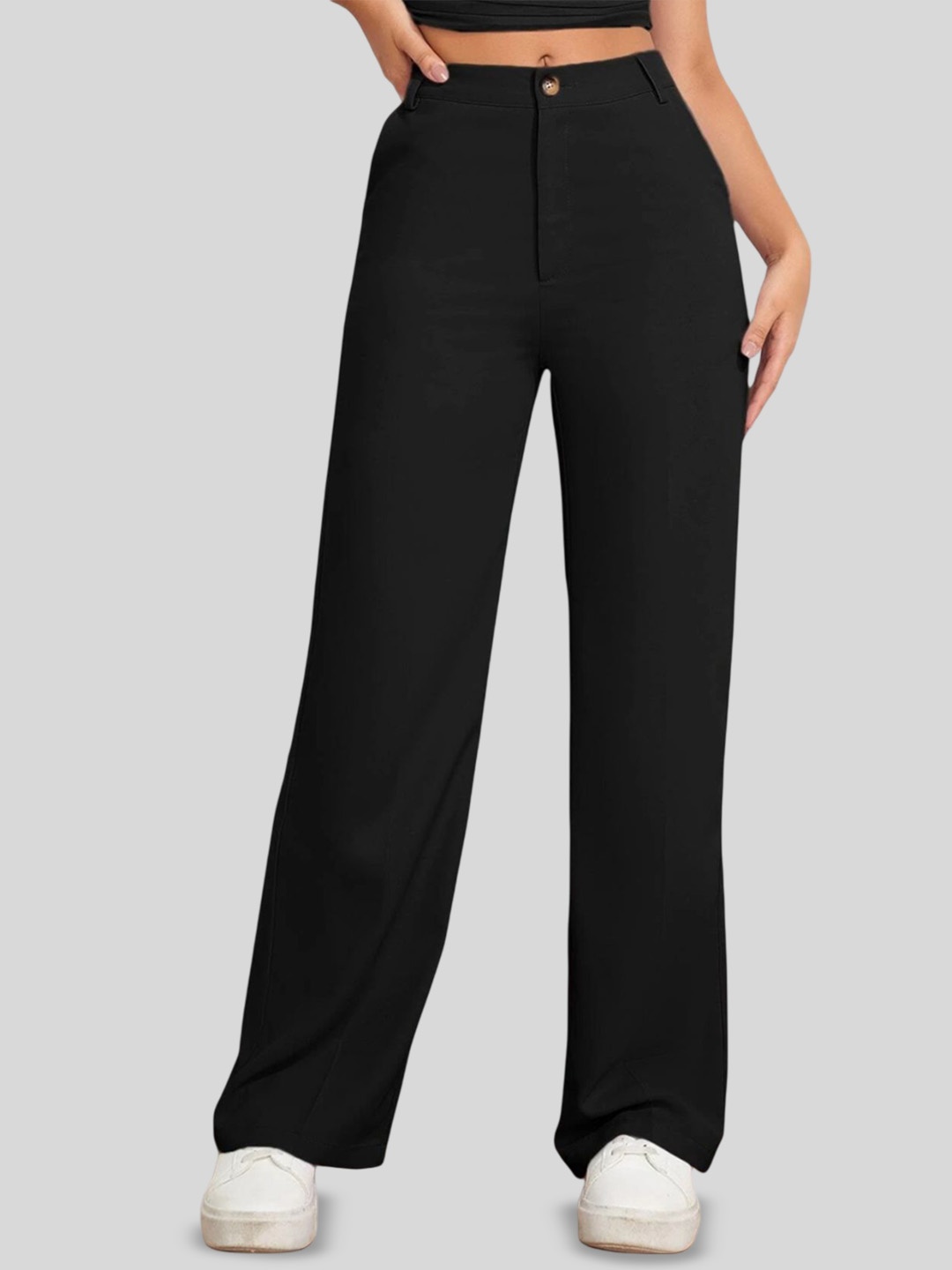 

FNOCKS Women Relaxed Straight Leg High-Rise Trousers, Black