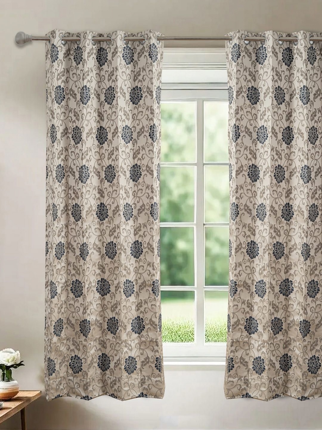 

Floating Walls Furnishings Brown & Blue Floral Printed Window Curtain