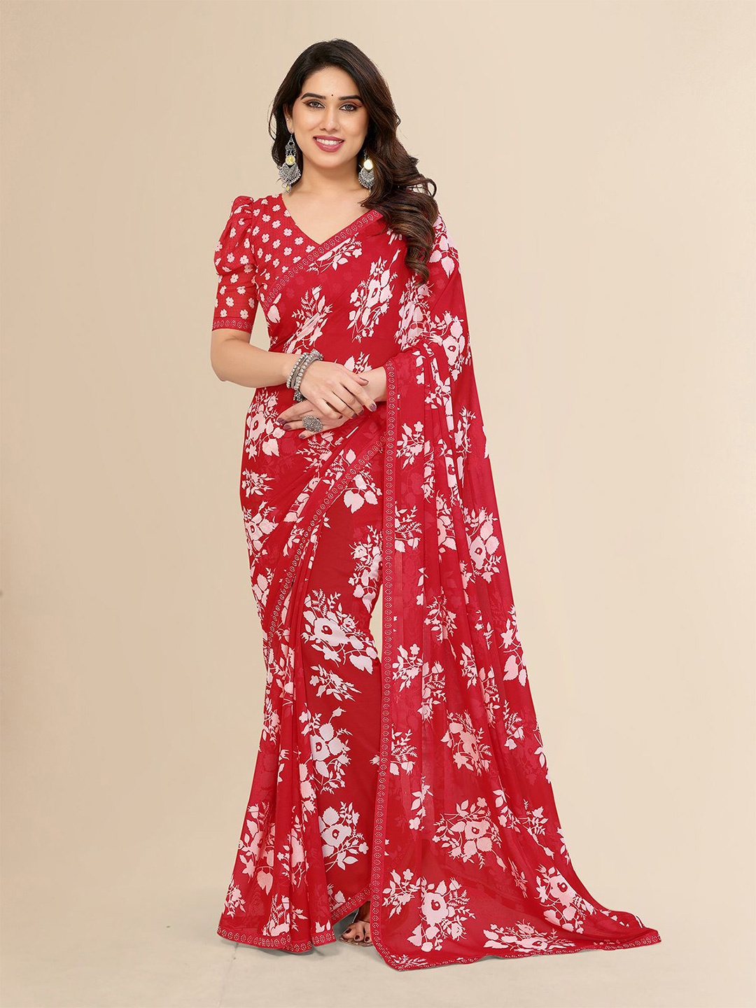 

Moda Rapido Floral Printed Beads and Stones Saree, Red