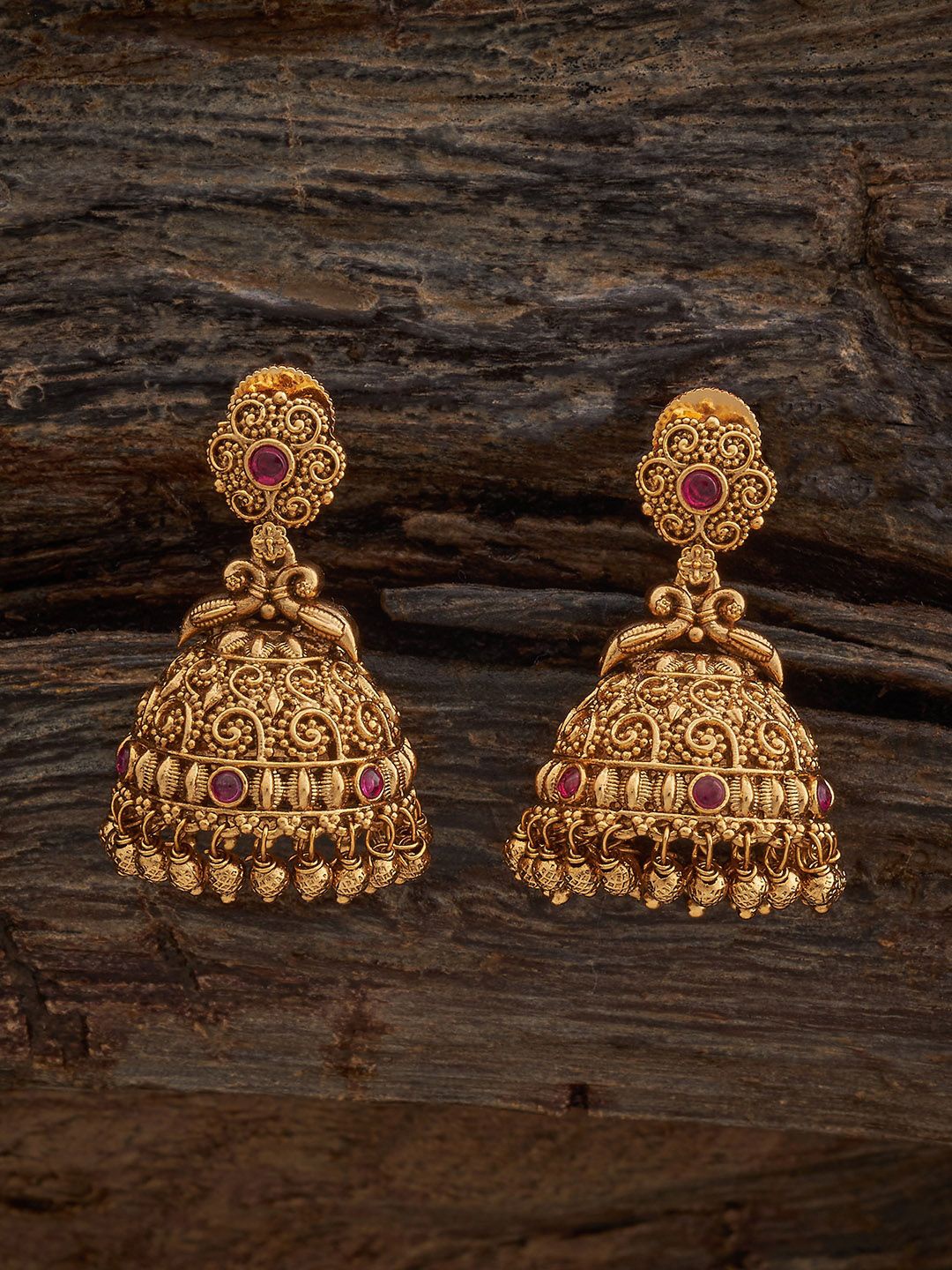 

Kushal's Fashion Jewellery Gold-Plated Dome Shaped Artificial Stones Antique Jhumkas