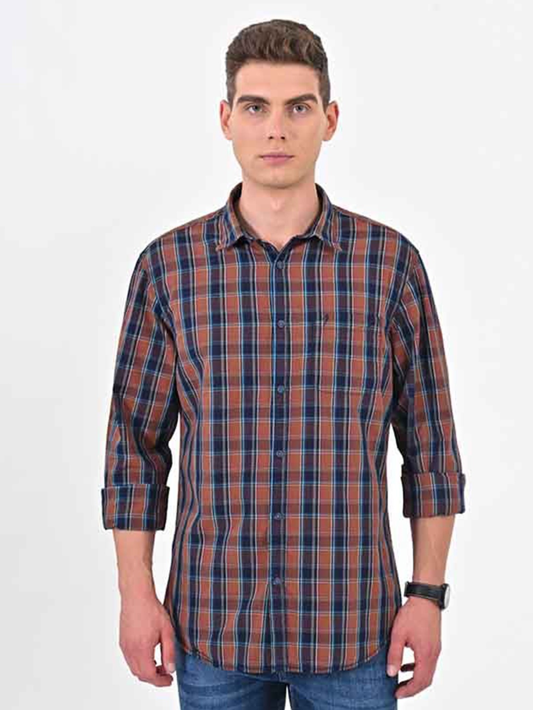 

Indian Terrain Men Classic Slim Fit Tartan Checks Opaque Checked Casual Shirt, Brown