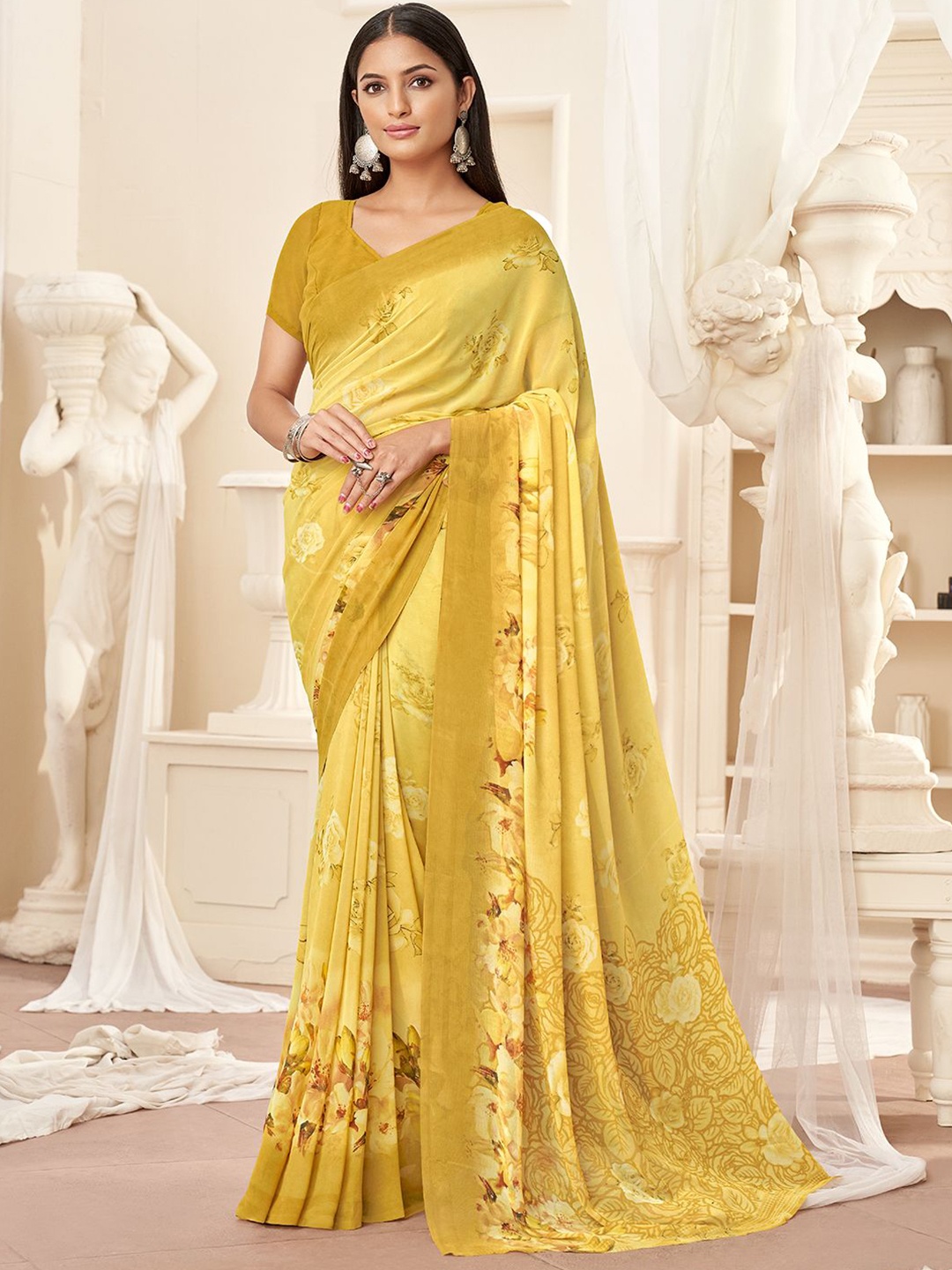 

DIVASTRI Floral Poly Georgette Saree, Yellow