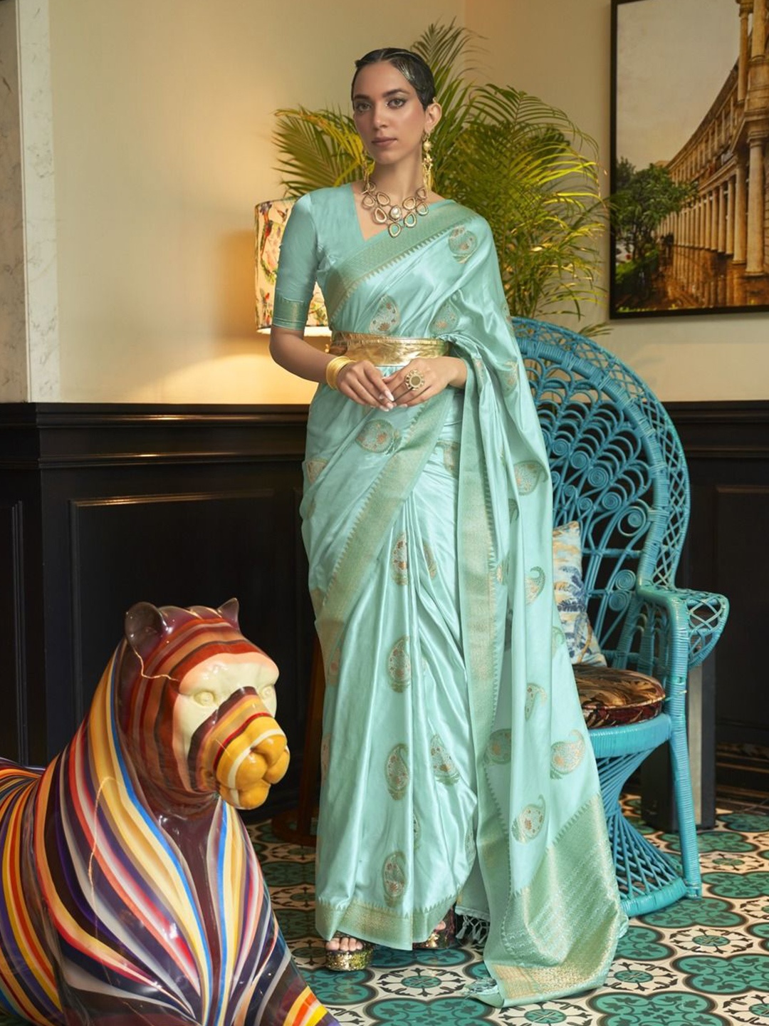 

Anouk Woven Design Zari Silk Blend Banarasi Saree, Turquoise blue