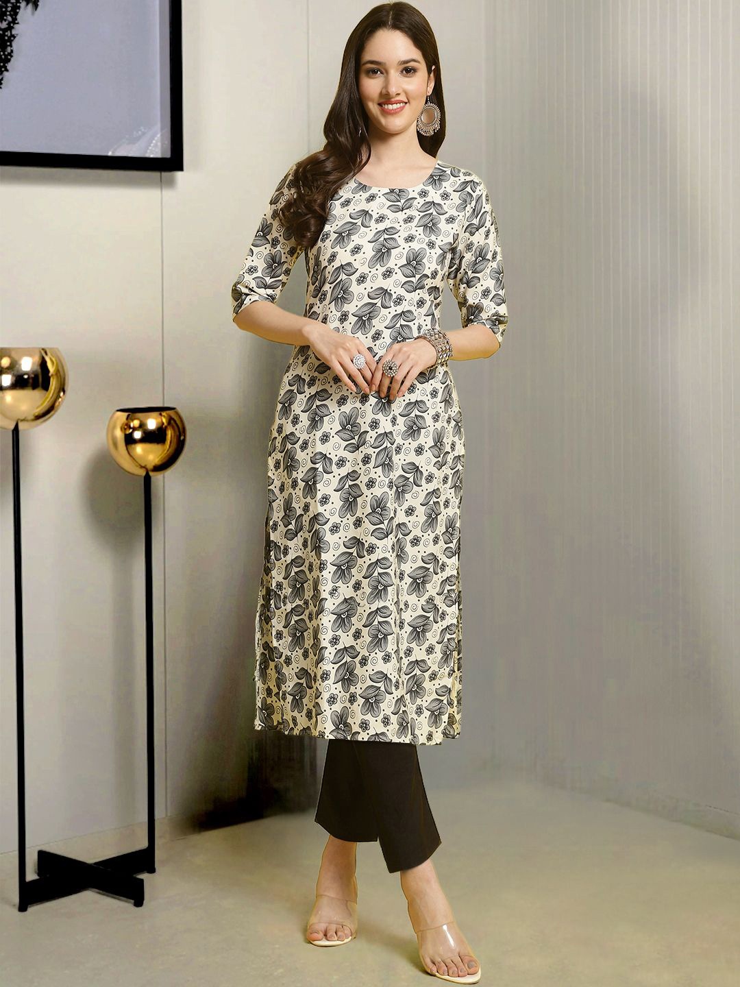 

Moda Rapido Floral Printed Round Neck Straight Kurta With Trousers, Beige