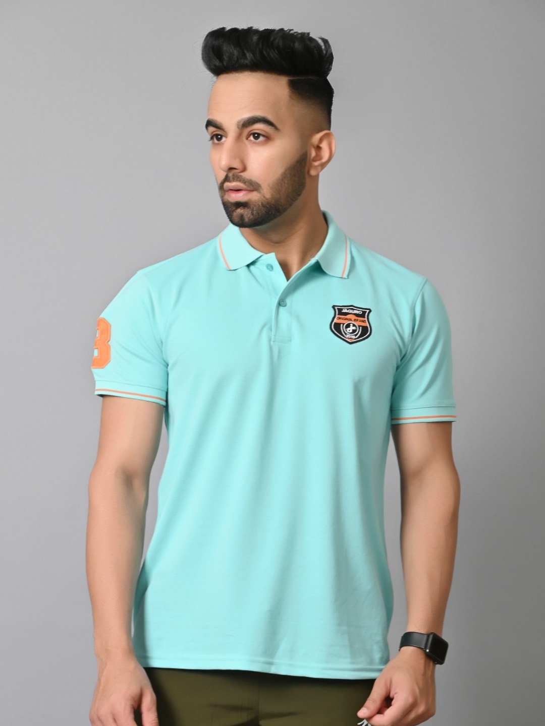 

JAGURO Men Polo Collar Applique T-shirt, Turquoise blue