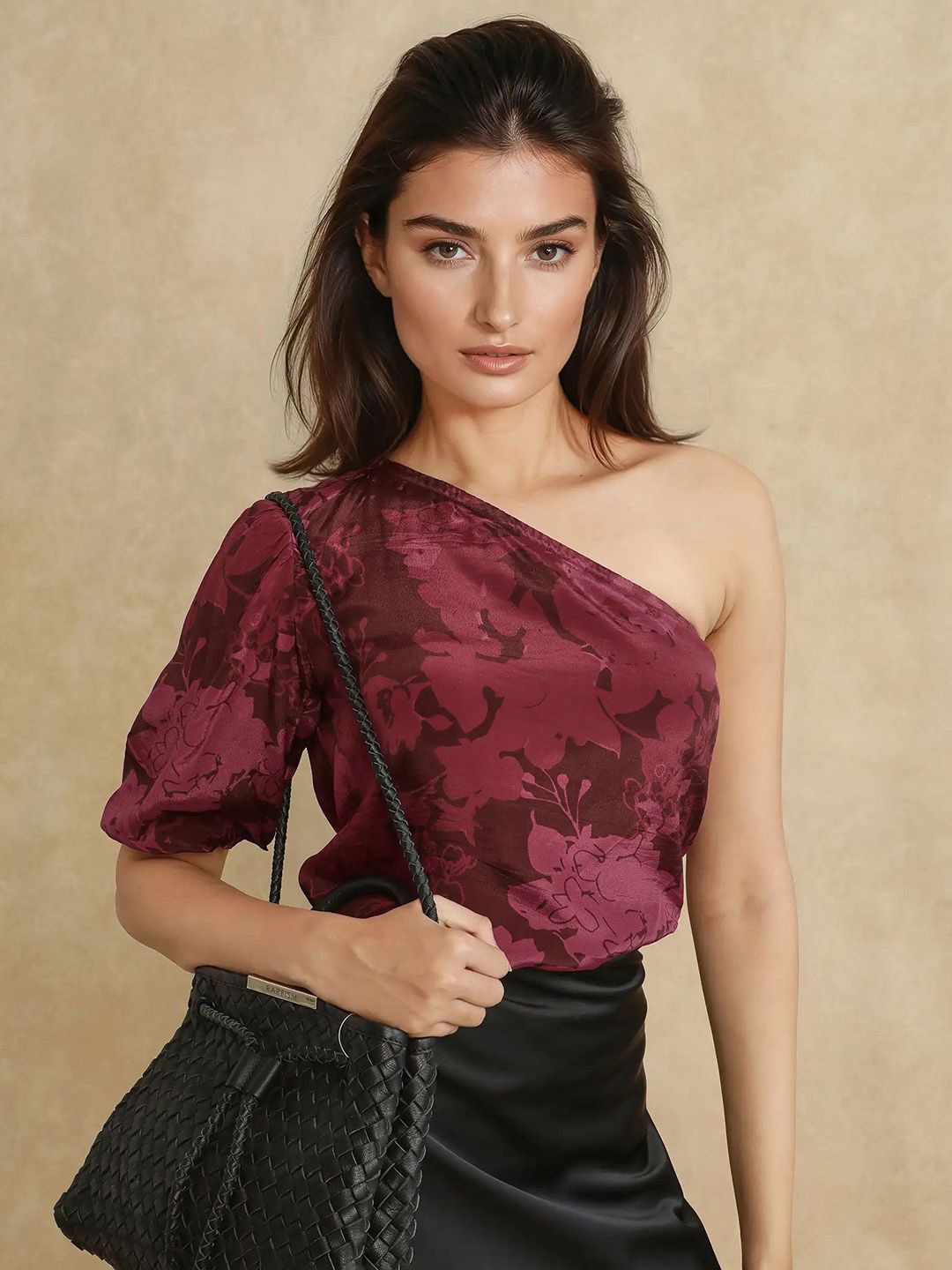 

RAREISM Women Floral Printed One Shoulder Short Sleeves Top, Red