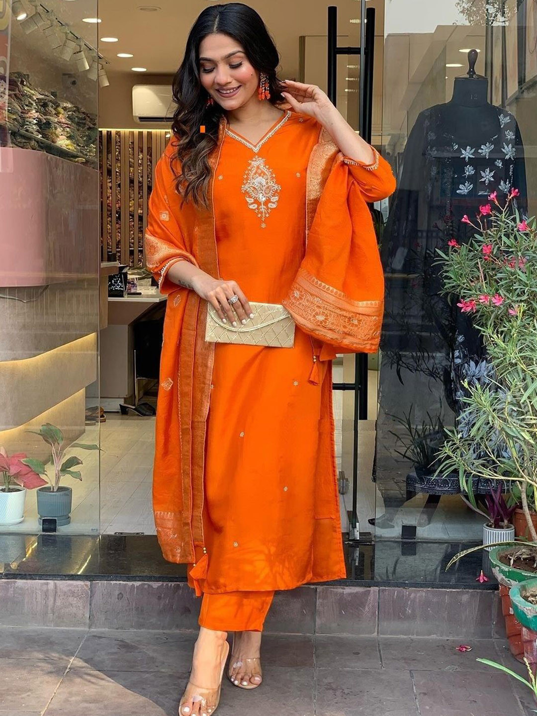 

ZEEPKART Ethnic Motifs Embroidered Sequined Work V-Neck Kurta With Trouser & Dupatta, Orange