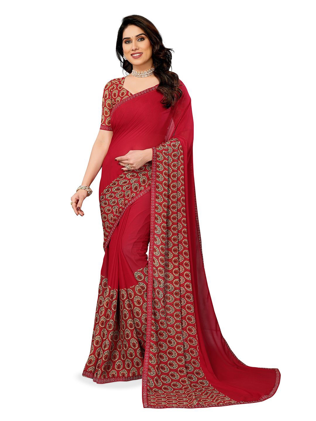 

Moda Rapido Women Beads and Stones Border Saree, Red