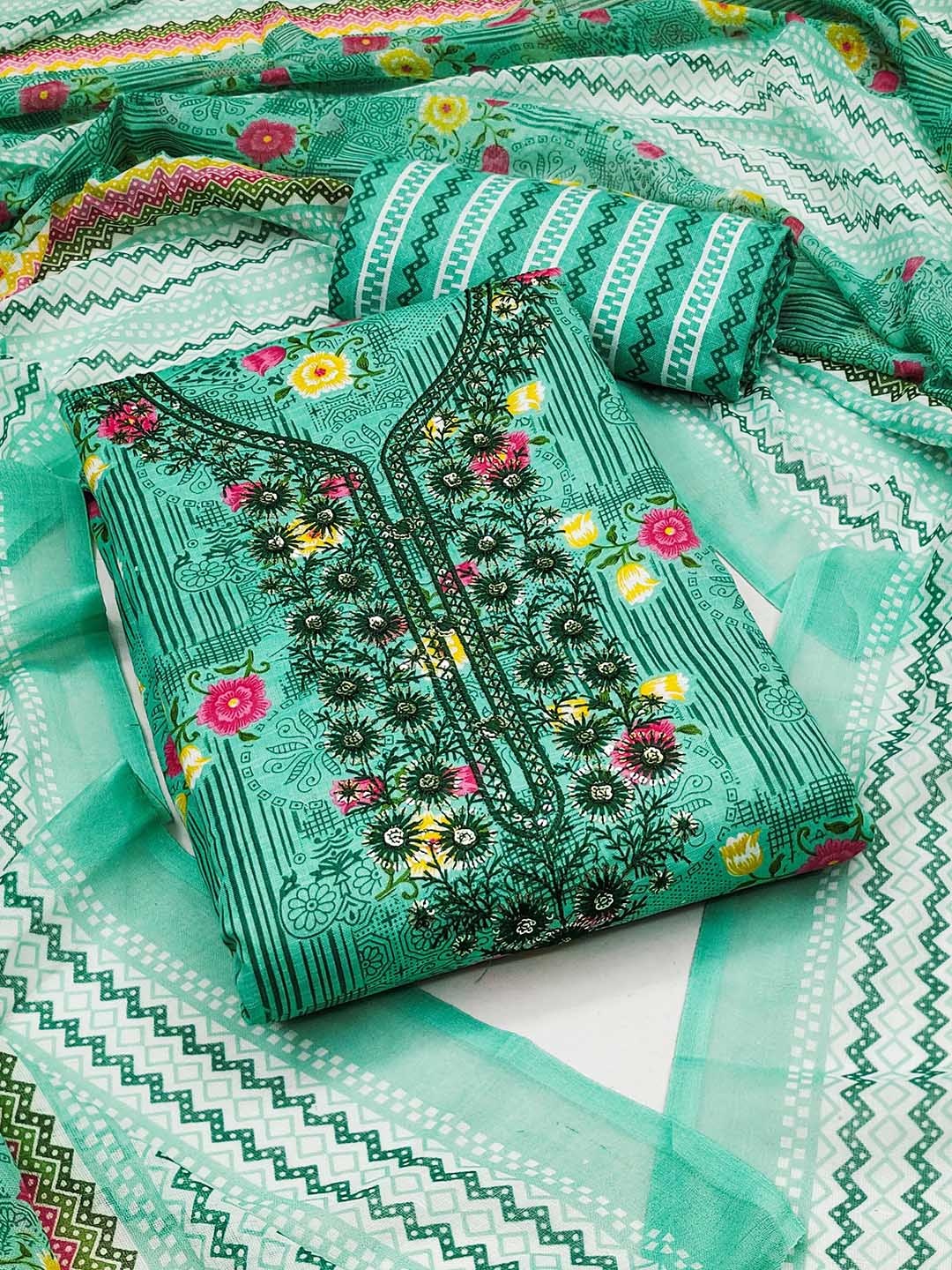 

SAINOOR Floral Printed Pure Cotton Unstitched Dress Material, Green
