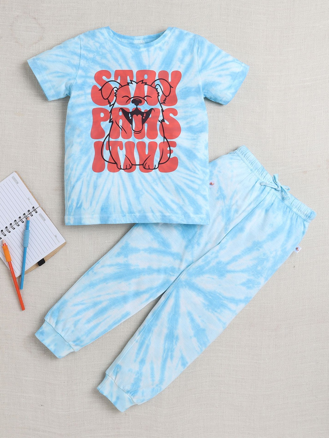

BUMZEE Boys Printed Round Neck Pure Cotton T-shirt With Joggers, Blue